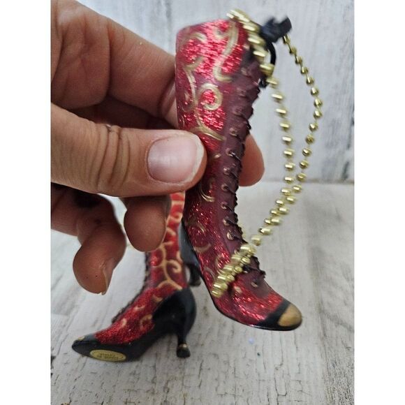 Vintage red glitter boot stiletto shoe ornament set Xmas tree gold set - Picture 3 of 7